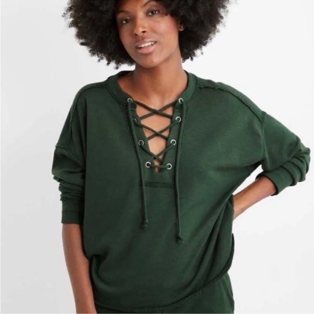 Aerie Dark Forest Green Lace Up Sweater Top